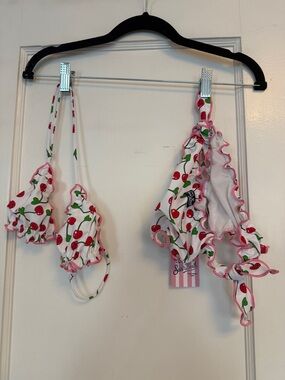 Kids Cherry Print Ruffle Bikini - White & Red